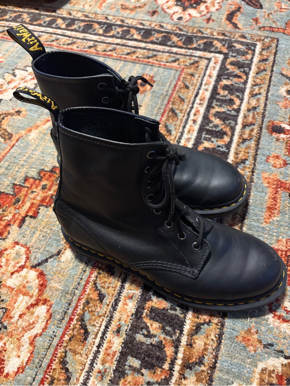 Dr. Martens Black Leather 8-Eye Lace-Up Boots with Yellow Stitching